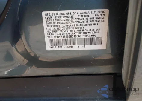 2008 Honda Pilot Ex-L из США, поврежденный, VIN 5FNYF18668B018368